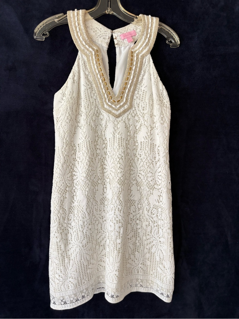 Lilly Pulitzer White Lace Midi Dress with Gold Beaded Neckline